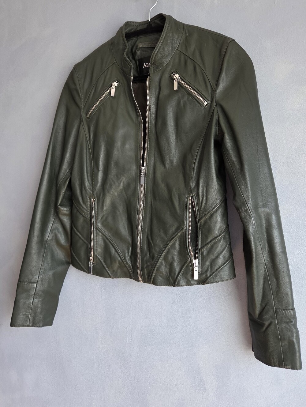 ARMA LEATHER SILVER ZIPPER FIR GREEN SHORT JACKET US S